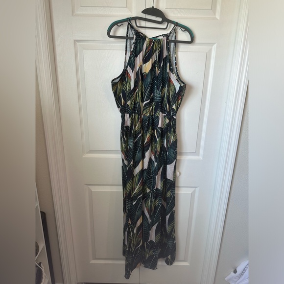 Banana Leaf Tropical Palm High Neck Maxi Dress with slit sz.XL - Picture 2 of 5